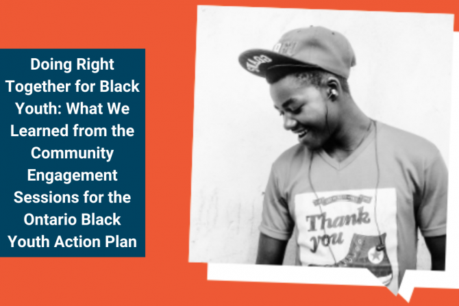 Title card for Doing Right Together for Black Youth: A black and white photo of a young person in a baseball hat, smiling and looking down