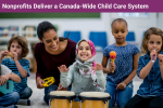 Photo of a woman and young children playing musical instruments and smiling/laughing